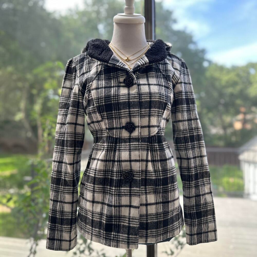 Pink Envelope Plaid Hooded Coat Flower Buttons M